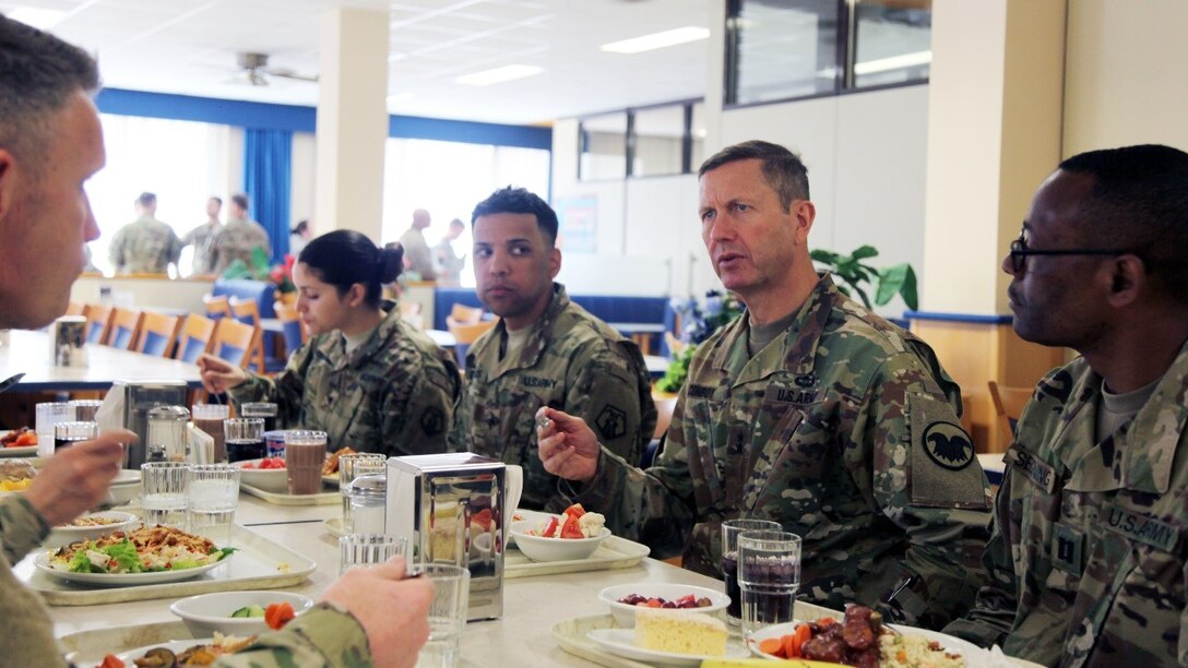 Maj. Gen. David Conboy, United States Army Reserve Command deputy commanding general - operations, speaks with company-grade officers from the 7th Mission Support Command, April 8 at the Clock Tower Dining Facility on Kleber Kaserne. Conboy was visiting April 8-9 in order to be briefed on the MSC’s readiness. 