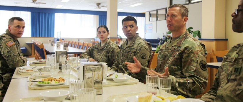 Maj. Gen. David Conboy, Maj. Gen. David Conboy, United States Army Reserve Command deputy commanding general - operations, speaks with company-grade officers from the 7th Mission Support Command, April 8 at the Clock Tower Dining Facility on Kleber Kaserne. Conboy was visiting April 8-9 in order to be briefed on the MSC’s readiness. 