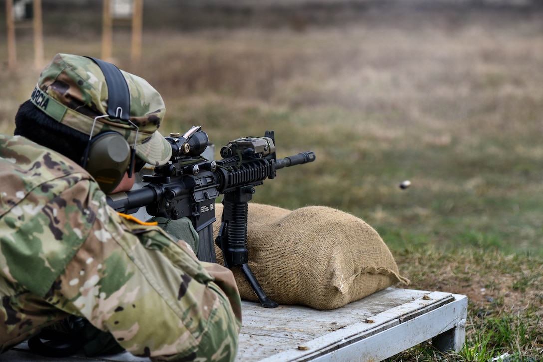 A soldier fires an M4 carbine at targets downrange during a zeroing range in Orzysz, Poland, April 3, 2017. Army photo by Spc. Nathanael Mercado