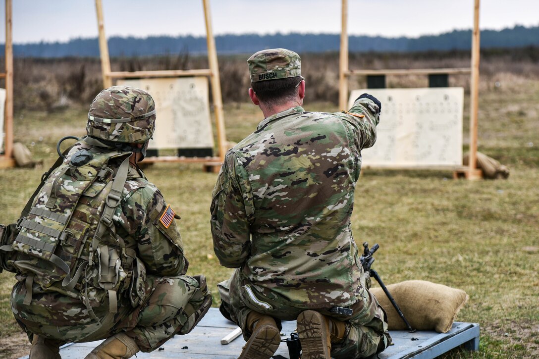 A soldier receives firing instructions during a zeroing range in Orzysz, Poland, April 3, 2017. Army photo by Spc. Nathanael Mercado