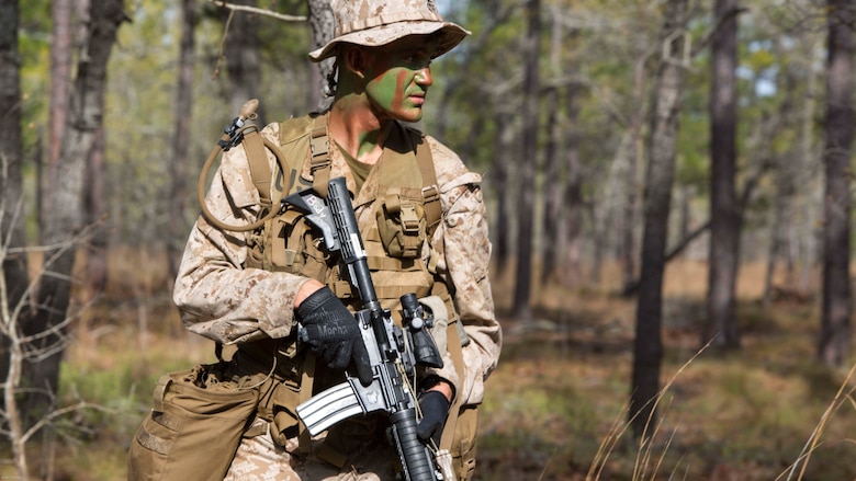 Pfc. Erich B. Vlaar conducts a foot patrol during a scout sniper screener at Marine Corps Base Camp Lejeune, N.C., April 3, 2017. The screener tested the Marines’ ability to accomplish basic infantry tasks to find the most qualified candidates for the Scout Sniper Basic Course. Vlaar is a basic rifleman with 2nd Battalion, 8th Marine Regiment, 2nd Marine Division. 