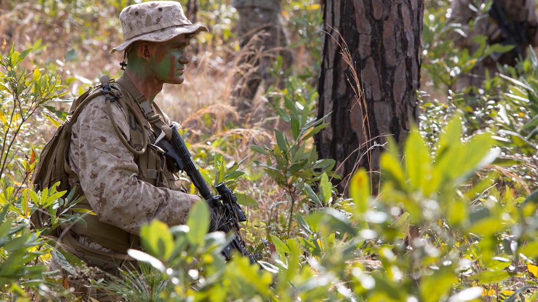 Pfc. Erich B. Vlaar conducts a foot patrol during a scout sniper screener at Marine Corps Base Camp Lejeune, N.C., April 3, 2017. The screener tested the Marines’ ability to accomplish basic infantry tasks to find the most qualified candidates for the Scout Sniper Basic Course. Vlaar is a basic rifleman with 2nd Battalion, 8th Marine Regiment, 2nd Marine Division. 