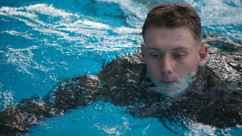 A Marine completes a 600 meter conditioning swim during Water Survival-Advanced training at Marine Corps Base Camp Lejeune, N.C., April 4, 2017. WSA is a week-long course that tests Marines on rescues, strokes and distance swimming. The Marine is a student in the course, which is run by 2nd Law Enforcement Battalion. 