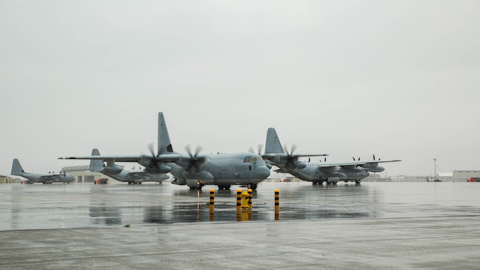 A U.S. Marine Corps KC-130J Hercules with Marine Aerial Refueler Transport Squadron 152, taxis to the flight line during aviation delivered ground refueling training with Marine Fighter Attack Squadron 121 at Marine Corps Air Station Iwakuni, Japan, April 11, 2017. The ADGR marked the first evolution of this form of refueling for VMFA-121’s F-35B Lightning II aircraft, and it increases the squadron’s ability to refuel by C-130 aircraft in austere locations when other resources may not be available. 