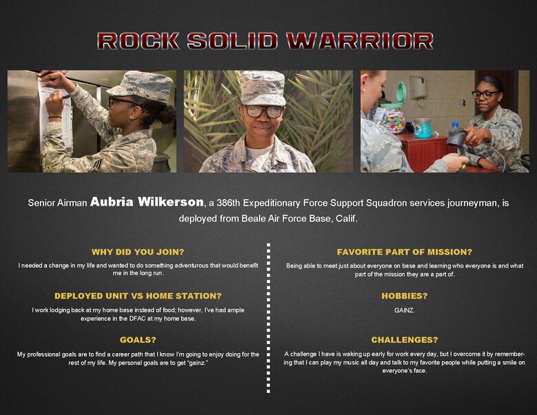 This week's Rock Solid Warrior is Senior Airman Aubria Wilkerson, a 386th Expeditionary Force Support Squadron services journeyman. She is deployed from Beale Air Force Base, Calif. (U.S. Air Force graphic/Staff Sgt. Andrew Park)