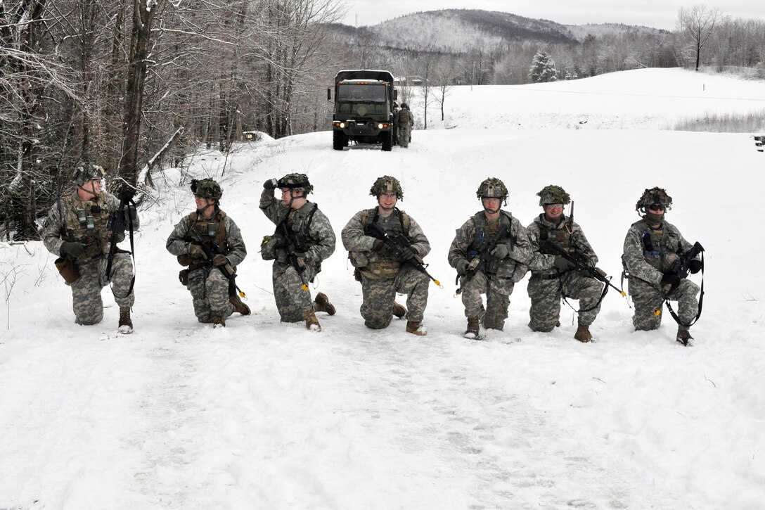 Soldiers assemble before heading out to the range at Camp Ethan Allen Training Site in Jericho, Vt., April 8, 2017. Army National Guard photo by Staff Sgt. Ashley Hayes