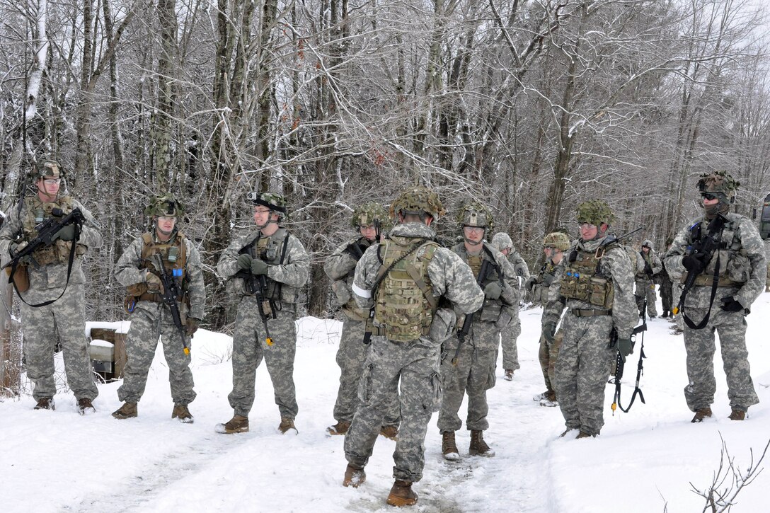 Soldiers receive a briefing before conducting support by fire and assault team exercises at Camp Ethan Allen Training Site in Jericho, Vt., April 8, 2017. The exercises, conducted at the squad level, included dry, blank and live-fire iterations. Army National Guard photo by Staff Sgt. Ashley Hayes