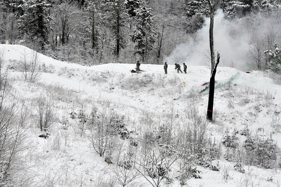 Soldiers conduct assault team exercises at Camp Ethan Allen Training Site in Jericho, Vt., April 8, 2017. The soldiers ran through drills to prepare for annual training later in the year, when they would need to participate in larger live-fire events. Army National Guard photo by Staff Sgt. Ashley Hayes