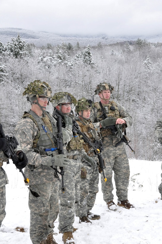 Vermont National Guard soldiers review their mission after completing a round of training at Camp Ethan Allen Training Site in Jericho, Vt., April 8, 2017. Army National Guard photo by Staff Sgt. Ashley Hayes