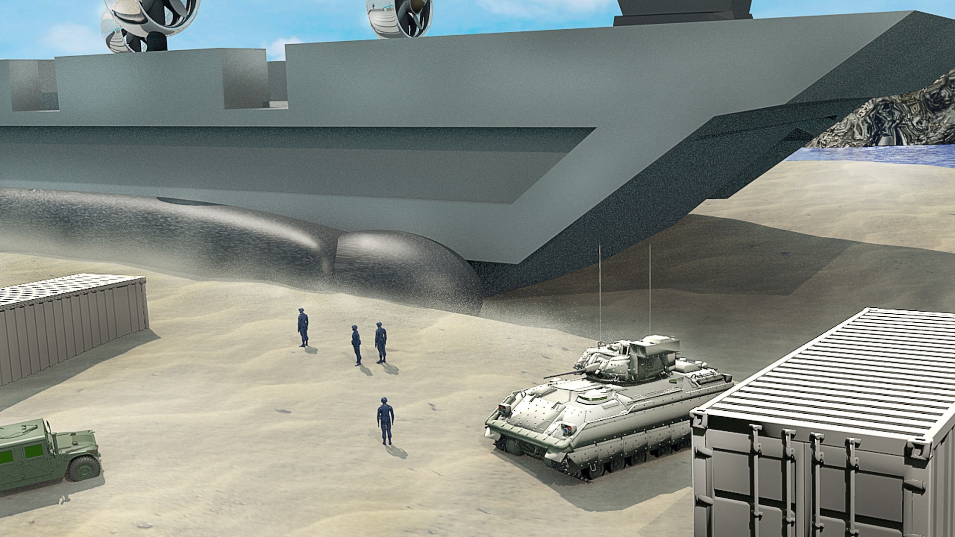 Official U.S. Navy file photo of an artist rendering of the Future Naval Capability project Transformable Craft, or T-Craft. Naval Surface Warfare Center Dahlgren Division (NSWCDD) principal scientist Steve Anderson received the 2014 NATO Science and Technology Organization's Scientific Achievement Award for impacting a task group's work - including T-Craft research - in support of NATO. In his research, Anderson used modeling and simulation to explore the effectiveness of T-Craft for humanitarian assistance and disaster relief efforts. The potential future U.S. and allied Navy air cushion vehicle could serve many purposes, including the transport of equipment and personnel between locations at sea and ashore during humanitarian assistance, disaster recovery, and major combat operations. 