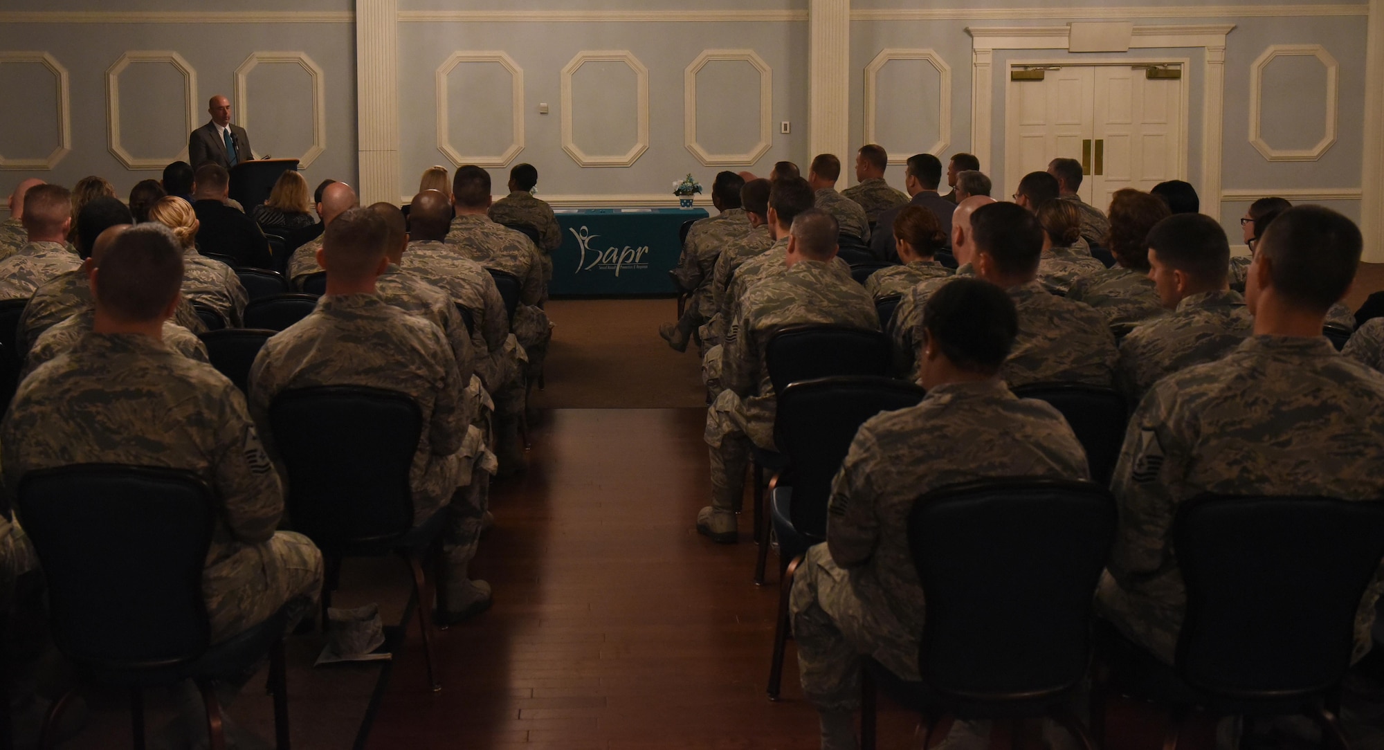 Members of Team Seymour attend a Sexual Assault Prevention and Response seminar, April 3, 2017, at Seymour Johnson Air Force Base, North Carolina. April is recognized as Sexual Assault Awareness and Prevention Month. (U.S. Air Force photo by Airman 1st Class Kenneth Boyton)