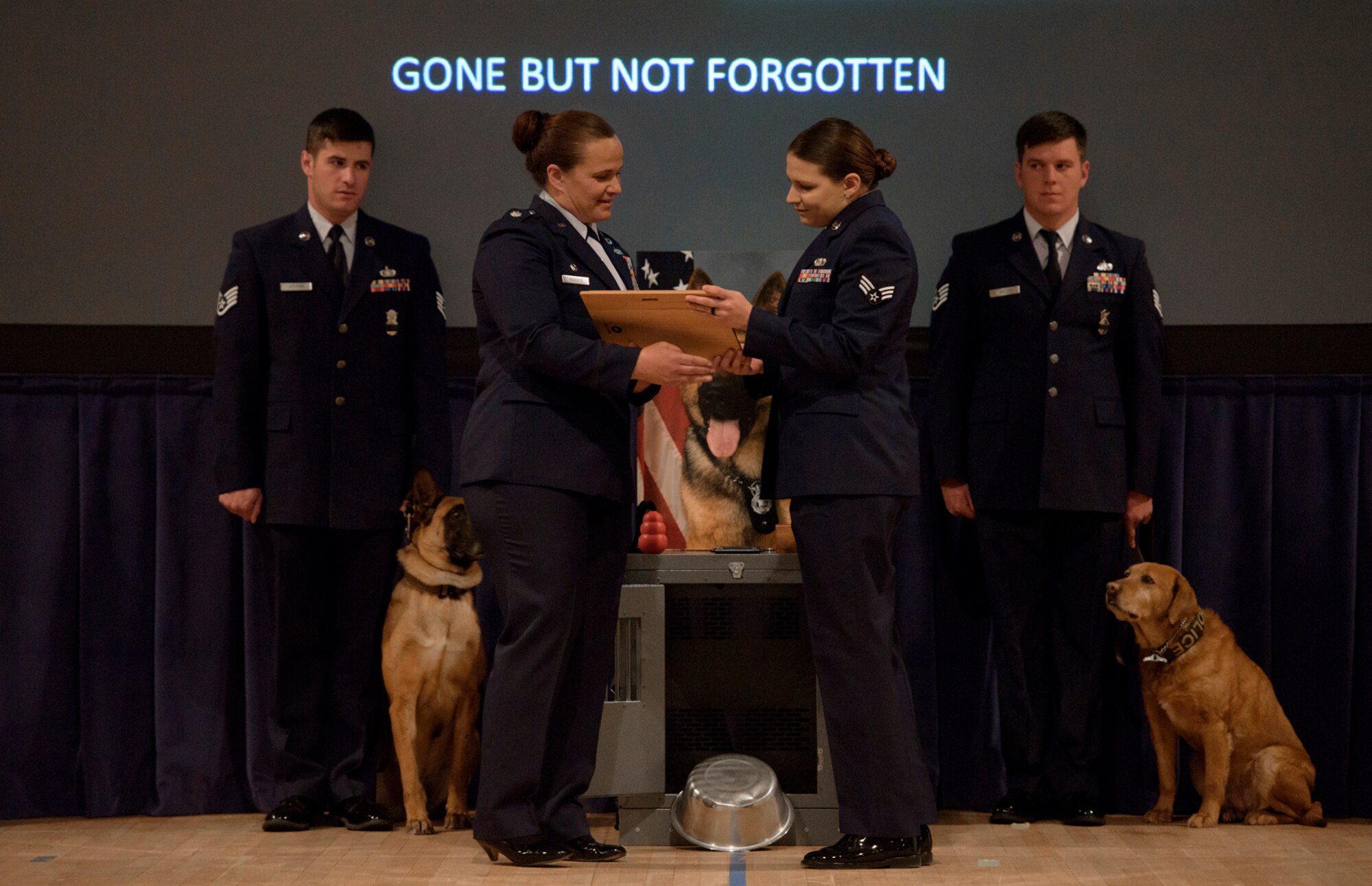 PETERSON AIR FORCE BASE, Colo. –Lt. Col. Nicole Roberts, 21st Security Forces Squadron commander, presents Senior Airman Karissa Fitzpatrick, 21st SFS Military Working Dog handler, a plaque to commemorate Fitzpatrick’s MWD, Roky, career as a MWD in the base auditorium at Peterson Air Force Base, Colo., April 10, 2017. Team Pete Airmen came to memorialize Roky’s legacy and military service. (U.S. Air Force photo by Airman 1st Class Dennis Hoffman)