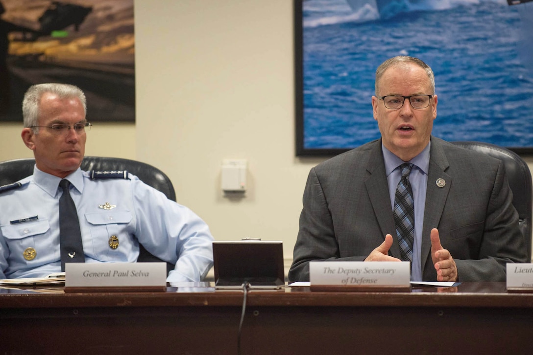 Deputy Defense Secretary Bob Work speaks during a roundtable with  Air Force Gen. Paul J. Selva, vice chairman of the Joint Chiefs of Staff, and key military and veteran support organizations at the Pentagon, April 12, 2017. DoD photo by Army Sgt. Amber I. Smith