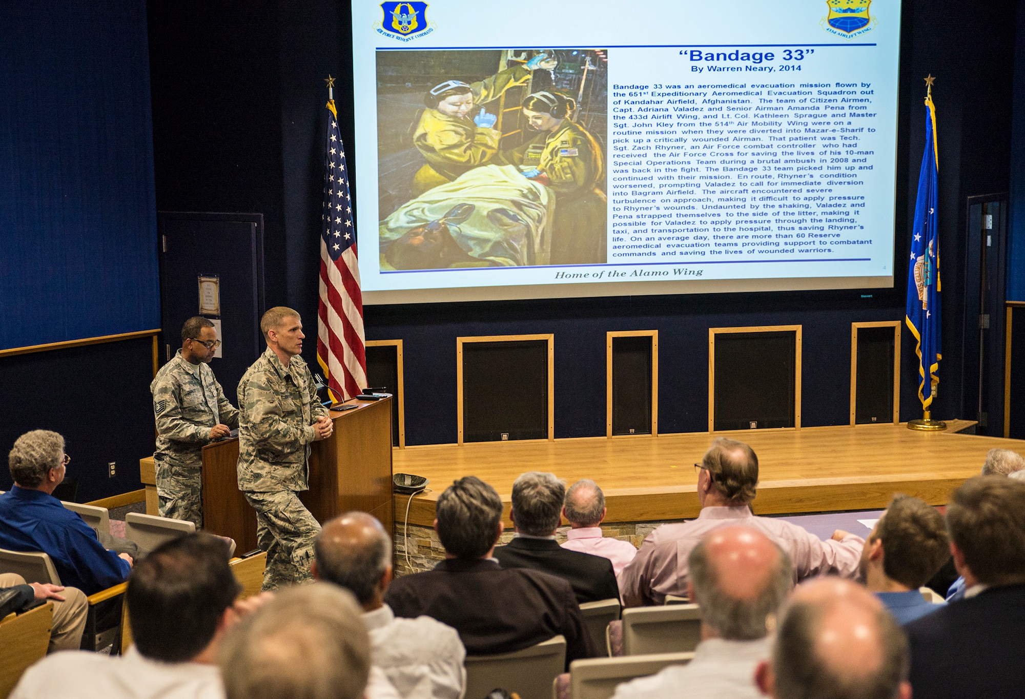 Col. David Enfield, 433rd Mission Support Group commander, gives a 433rd Airlift Wing mission brief to members of the Air Force Scientific Advisory Board April 11, 2017 at Joint Base San Antonio-Lackland, Texas. The SAB is a Federal Advisory Committee that provides independent advice on matters of science and technology relating to the Air Force mission, reporting directly to the Secretary of the Air Force and the Chief of Staff of the Air Force.  (U.S.  Air Force photo by Benjamin Faske)