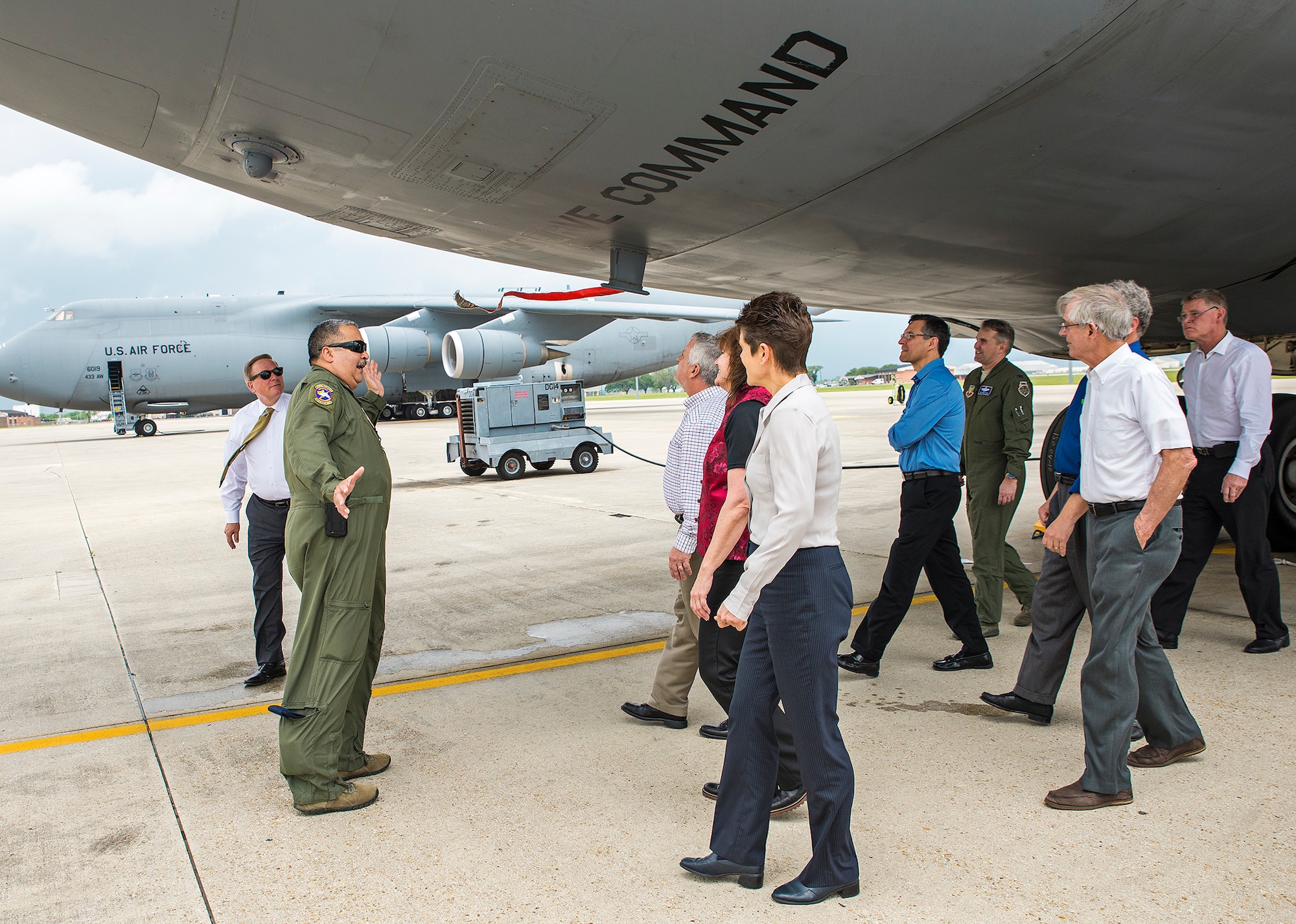 Senior Master Sgt. Robert Reyes, 68th Airlift Squadron flight engineer, gives members of the Air Force Scientific Advisory Board a tour of a C-5M Super Galaxy aircraft April 11, 2017 at Joint Base San Antonio-Lackland, Texas. The SAB is a Federal Advisory Committee that provides independent advice on matters of science and technology relating to the Air Force mission, reporting directly to the Secretary of the Air Force and the Chief of Staff of the Air Force.  (U.S.  Air Force photo by Benjamin Faske)