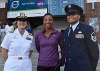 U.S. Navy Capt. Elizabeth Maley, left, Naval Health Clinic Charleston commader, and Master Sgt. Toby Housey, right, 315th Airlift Wing Equal opportunity superintendent, meet with Raquel Atawo, center, U.S. professional tennis player, during military appreciation night at the Volvo Car Stadium, April 6, 2017. Maley, Housey and the Joint Base Charleston Honor Guard represented JB Charleston with the coin toss, singing of the national anthem and posting of colors.