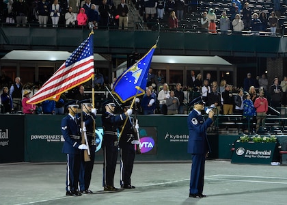 Members of the Joint Base Charleston Honor Guard post colors during military appreciation night at the Volvo Car Stadium, April 6, 2017. U.S. Navy Capt. Elizabeth Maley, Naval health Clinic Charleston commander, U.S. Air Force Master Sgt. Toby Housey, 315th Airlift Wing Equal Opportunity superintendent, and the Joint Base Charleston Honor Guard represented JB Charleston with the coin toss, singing of the national anthem and posting of colors.