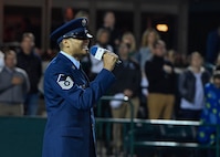 U.S. Air Force Master Sgt. Toby Housey, 315th Airlift Wing Equal opportunity superintendent, sings the national anthem during military appreciation night at the Volvo Car Stadium, April 6, 2017. Housey, U.S. Navy Capt. Elizabeth Maley, Naval health Clinic Charleston commander, and the Joint Base Charleston Honor Guard represented JB Charleston with the coin toss, singing of the national anthem and posting of colors.