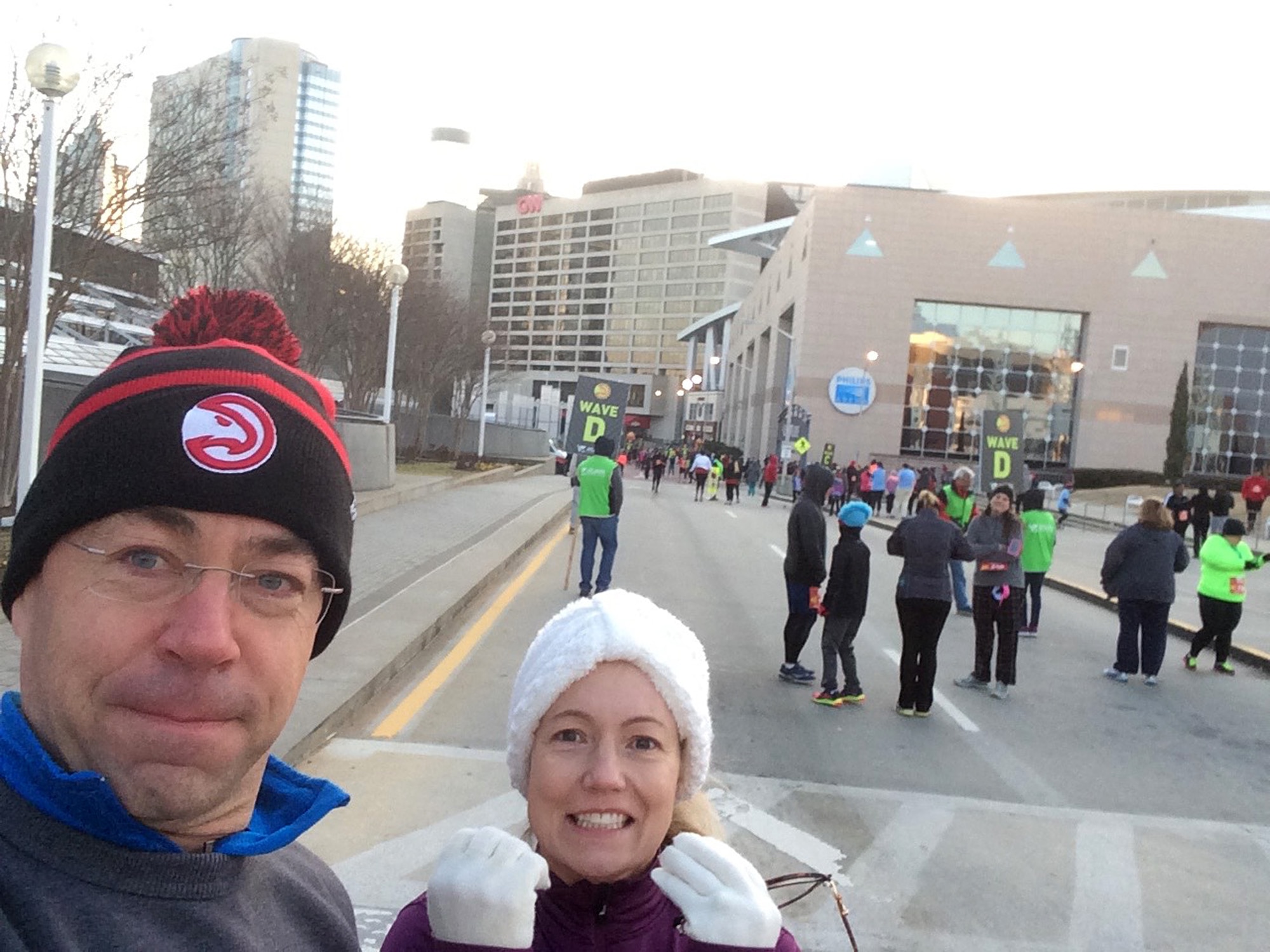 Master Sgt. Mike R. Smith, assigned to the I.G. Brown Training and Education Center, and his wife, Marva, line up for the Atlanta Hawks Fast Break 5K outside Phillips Arena in downtown Atlanta, Feb. 4, 2017. (U.S. Air National Guard photo by Master Sgt. Mike R. Smith)