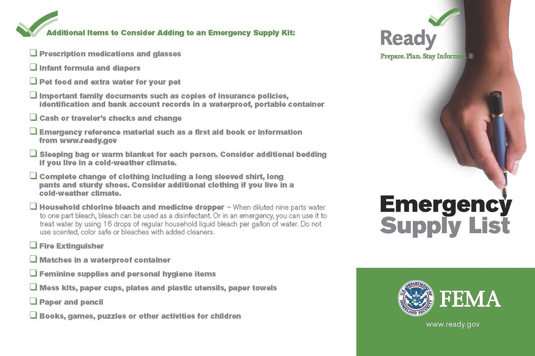 Checklists are one key to being ready for any natural disaster. This checklist provides some additional information of things to think about when setting up a 72-hour ready kit. For more information on what you can do to be prepared, visit http://www.beready.af.mil or http://www.ready.gov. (Courtesy graphic)