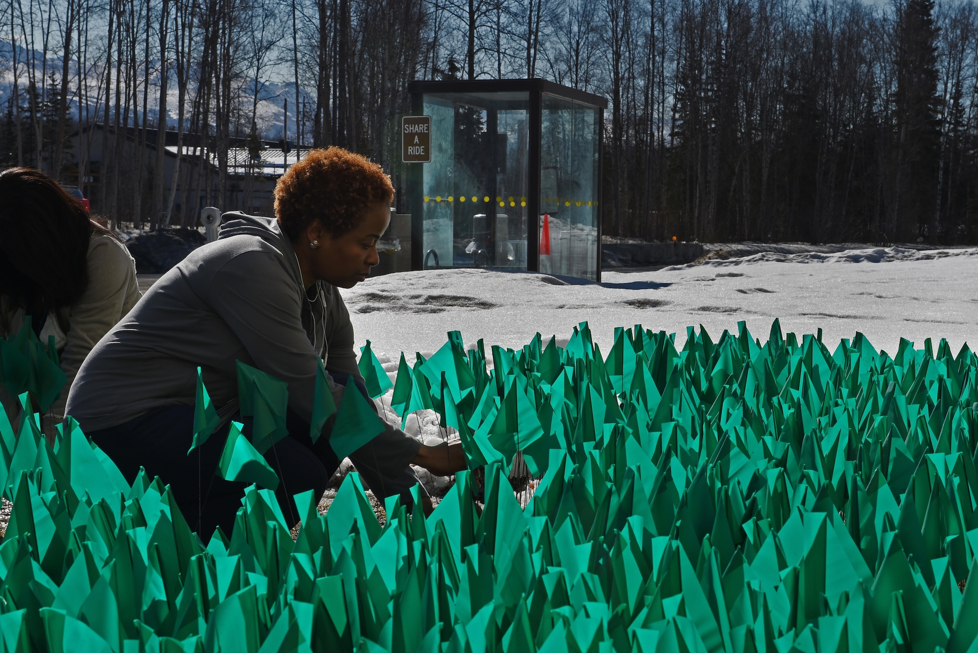Joint Base Elmendorf-Richardson service members and personnel participate in the Teal Flag Project at the JBER Commissary, Alaska, April 11, 2017. The Teal Flag Project is a silent exhibit illustrating the number of sexual assaults in a given fiscal year. Each of the 3,828 flags planted represent a survivor who reported a sexual assault through the Sexual Assault Prevention and Response Office and the Sexual Harassment and Assault Response Prevention programs across the Air Force and Army departments during fiscal year 2015. 