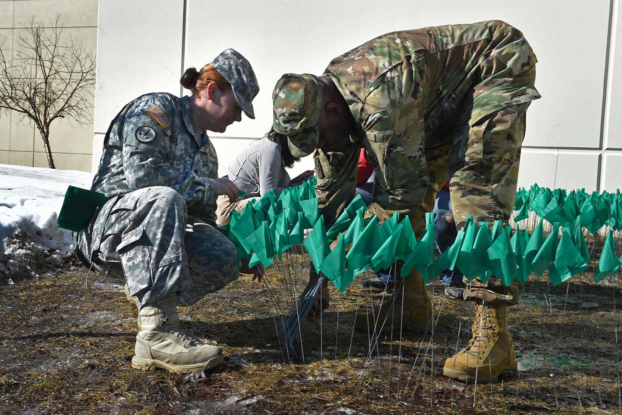 Joint Base Elmendorf-Richardson service members and personnel participate in the Teal Flag Project at the JBER Commissary, Alaska, April 11, 2017. The Teal Flag Project is a silent exhibit illustrating the number of sexual assaults in a given fiscal year. Each of the 3,828 flags planted represent a survivor who reported a sexual assault through the Sexual Assault Prevention and Response Office and the Sexual Harassment and Assault Response Prevention programs across the Air Force and Army departments during fiscal year 2015. 