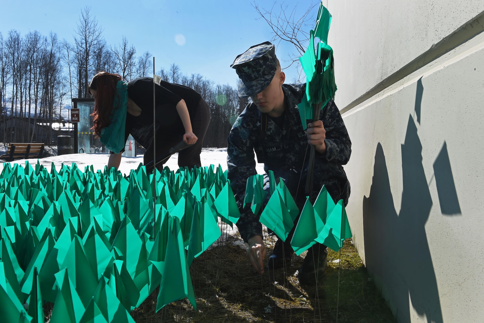 Joint Base Elmendorf-Richardson service members and personnel participate in the Teal Flag Project at the JBER Commissary, Alaska, April 11, 2017. The Teal Flag Project is a silent exhibit illustrating the number of sexual assaults in a given fiscal year. Each of the 3,828 flags planted represent a survivor who reported a sexual assault through the Sexual Assault Prevention and Response Office and the Sexual Harassment and Assault Response Prevention programs across the Air Force and Army departments during fiscal year 2015. 