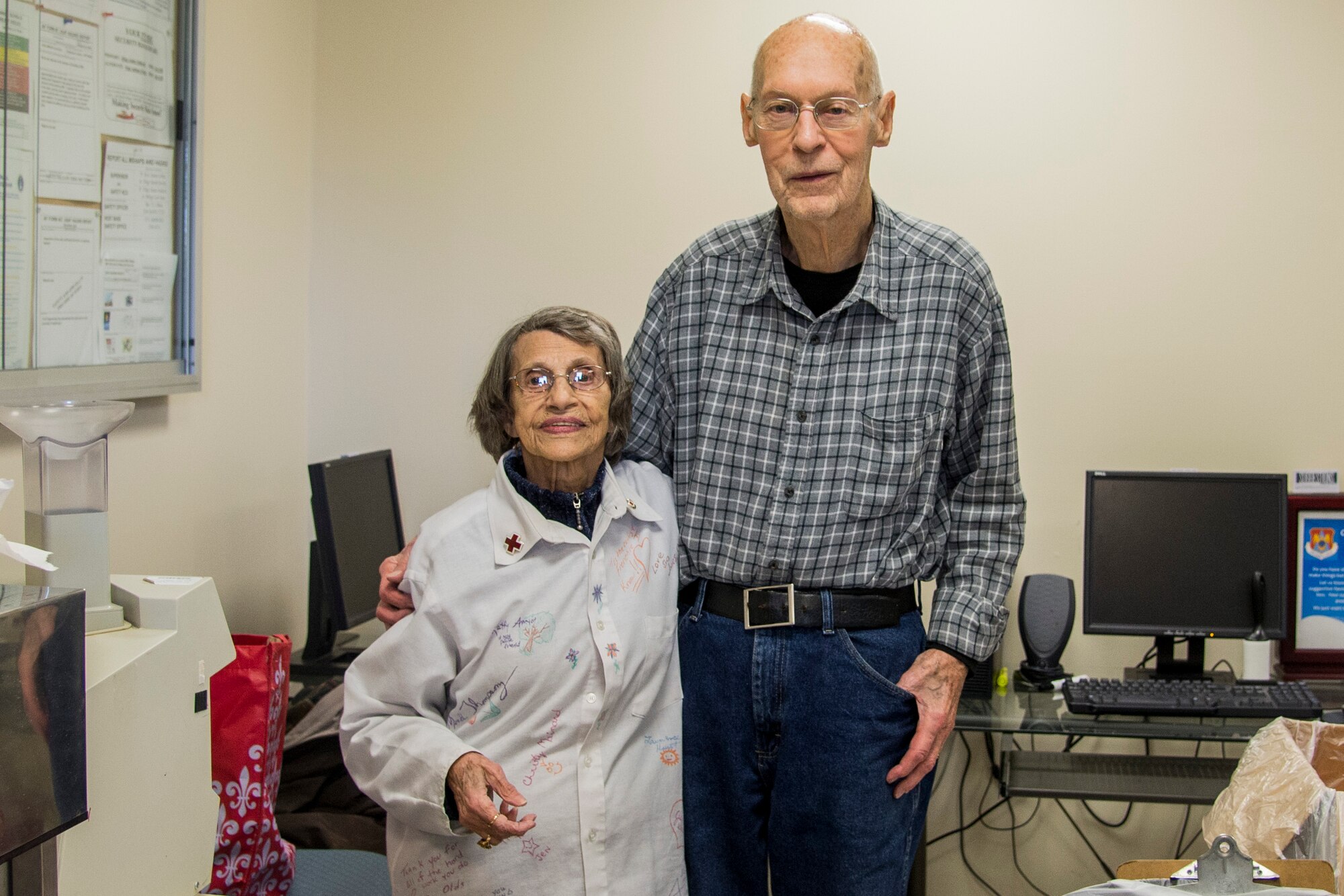 Francoise and Walter Calvin have volunteered on Scott Air Force base since 1974. The two volunteer every Thursday at the Satellite Pharmacy, and Francoise just recently reached the milestone for 55 years of volunteering for the Red Cross. She has worked as a nurse’s and staff aid and currently does her volunteer work in prepackaging at the pharmacy. (U.S. Air Force photo by Airman Chad Gorecki)