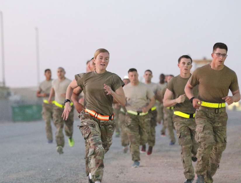 U.S. Servicemembers sprint to the finish line of a two-mile run during day zero of the Air Assault Course, during U.S. Army Central’s first Air Assault Course, April 4, 2017, at Camp Buehring, Kuwait. The Air Assault Course is a 12-day class that allows U.S. military personnel in the USARCENT theater of operations the unique opportunity to become air assault qualified, while deployed outside the continental United States. “Once completed, the perspective student goes on to become the subject matter expert to their company or unit commander assisting them with planning for air assault operations into whatever environment they may need,” said Capt. Ronald Snyder, Company B commander, Army National Guard Warrior Training Center.