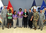 Senior leaders pose with "Ladies DSW 2.0," the first-place team, at the 2017 Winter Warrior Project awards ceremony, April 12, 2017, Fort Belvoir, Virginia. From left: DLA Director Air Force Lt. Gen. Andy Busch; Anita Elum-Mason; Rowena Estrada; Ahawana Williams; Christina Darensbourg; team coach Demetrios Danis; Army Command Sgt. Major Charles Tobin, DLA senior enlisted leader; Air Force Chief Master Sgt. Timothy Horn, DTRA senior enlisted leader.