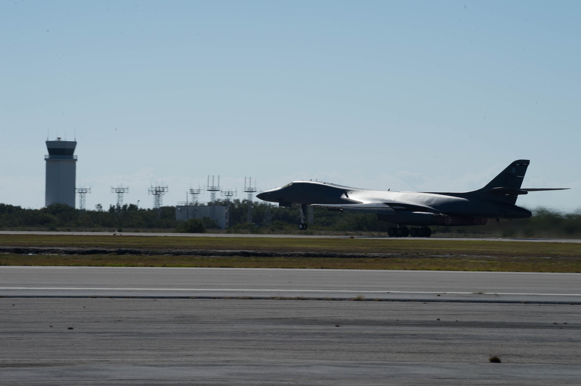 A B-1 Lancer takes-off from the Boca Chica Naval Air Station, Key West Fla., flightline to participate in the Joint Interagency Task Force South mission March 22, 2017. The JIATF-South’s mission of detection and monitoring of illicit trafficking from Latin America has confiscated more than $95.2 million of narcotics in 2016. (U.S. Air Force photo by Staff Sgt. Jason McCasland/released)