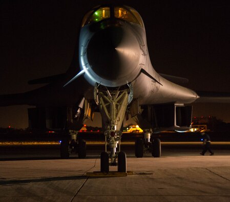 A B-1 Lancer sits on the flightline at the Boca Chica Naval Air Station, Key West Fla., March 23, 2017. Two B-1’s flew more than 70 hours and searched more than 3.2 million square miles of ocean and assisted in confiscating more than 4,500 kilos of drugs during a Joint Interagency Task Force South mission. This mission combined Airmen from the 489th Bombardment Group, the 7th Bomb Wing, Drug Enforcement Agency, FBI, Coast Guard and other government agencies in the fight against illicit drugs. (U.S. Air Force photo by Staff Sgt. Jason McCasland/released)