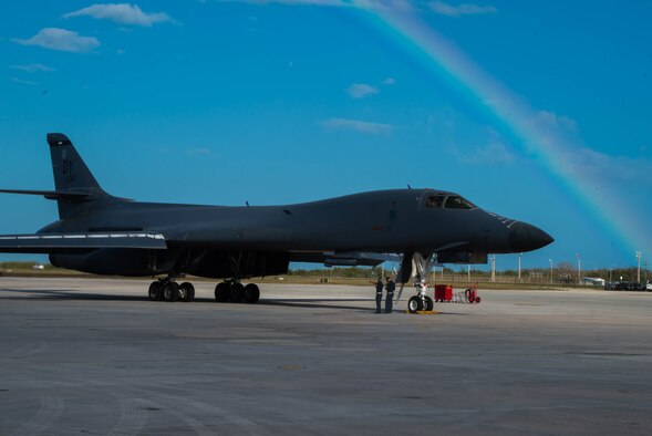 A B-1 Lancer sits on the flightline at the Boca Chica Naval Air Station, Key West Fla., March 23, 2017. Airmen from the 489th Bombardment Group and the 7th Bomb Wing work together as part of Total Force Integration to complete the bomber mission.  (U.S. Air Force photo by Staff Sgt. Jason McCasland/released)