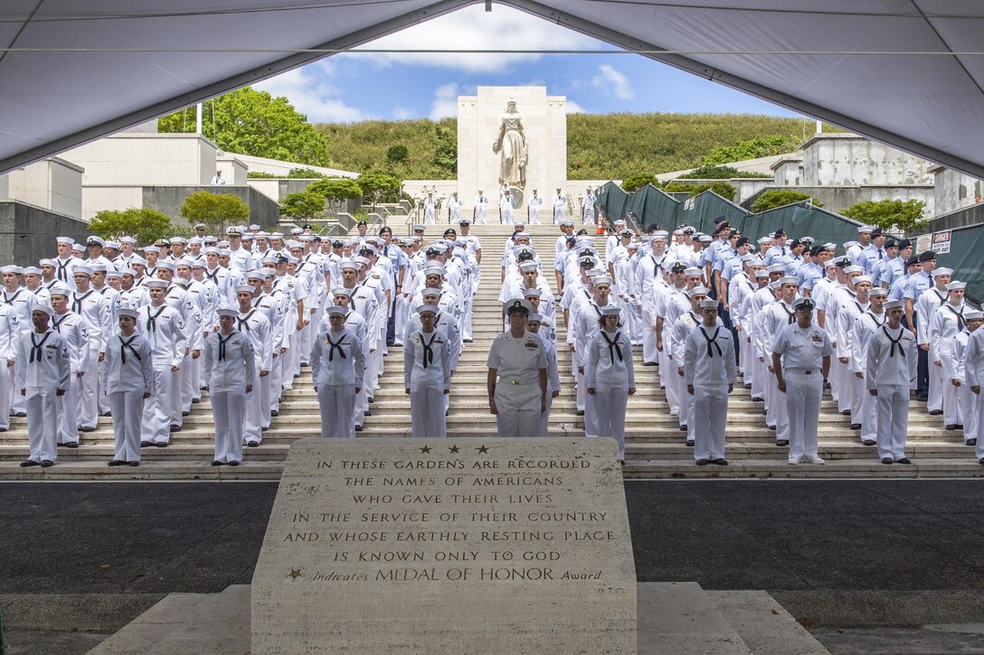 Military members prepare to rebury Navy Seaman 1st Class Murry R. Cargile at the National Memorial Cemetery of the Pacific in Honolulu, April 7, 2017. Cargile was killed in action, Dec. 7, 1941, while on the USS Oklahoma. Until recently, he was buried under a gravestone marked "Unknown." The Defense POW/MIA Accounting Agency identified Cargile's remains through recent testing. Navy photo by Petty Officer 2nd Class Katarzyna Kobiljak