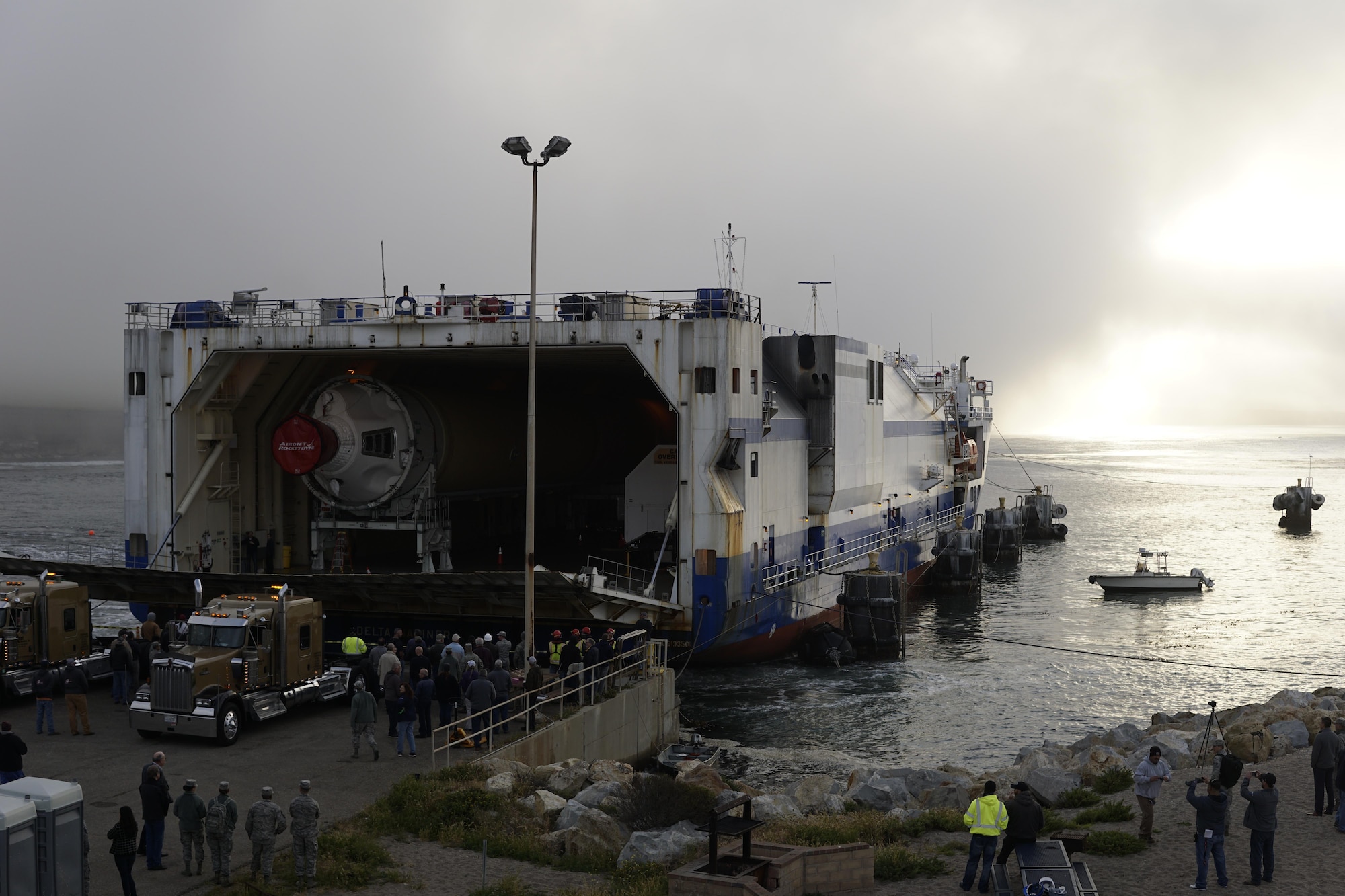 A cargo ship, the Delta Mariner, prepares to offload rocket components at Vandenberg Air Force Base’s dock, April 6, 2017, Vandenberg Air Force Base, Calif. The Delta Mariner made its way from a production facility in Decatur, Ala., to deliver a United Launch Alliance Delta IV rocket, scheduled to launch in 2017. (U.S. Air Force photo by Senior Airman Ian Dudley/Released)