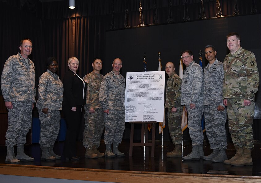 Commanders from Team Osan stand by their signed pledge to take responsibility for their special roles in preventing sexual assault amongst personnel under their command during the Sexual Assault Awareness and Prevention Month Kick-off Breakfast at Osan Air Base, Republic of Korea, April 11, 2017. The pledge recognizes that command teams are a key instrument in creating a sexual-violence free climate. (U.S. Air Force photo by Airman 1st Class Gwendalyn Smith) 