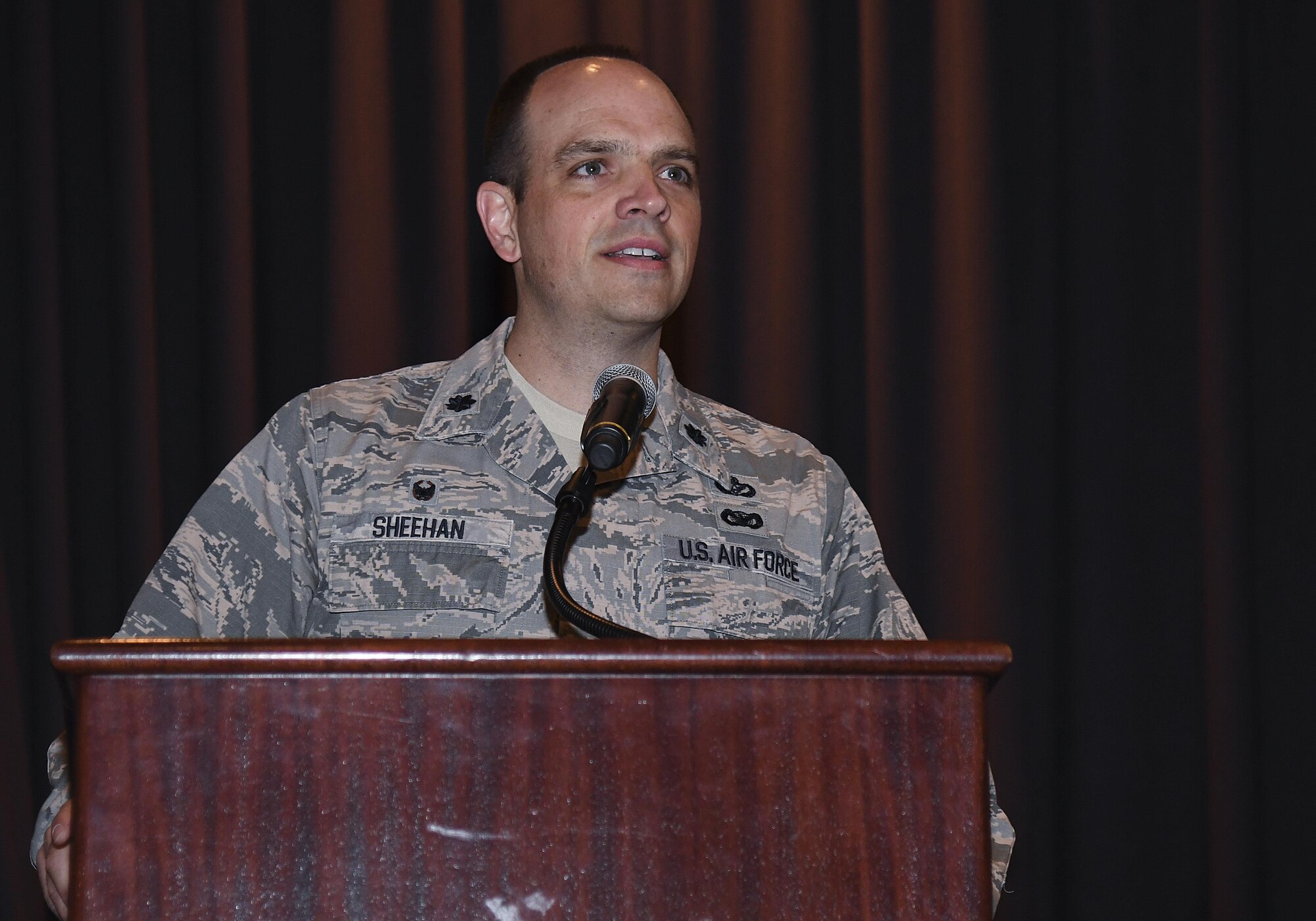U.S. Air Force Lt. Col. Andrew Sheehan, 51st Civil Engineering Squadron commander, speaks during a Sexual Assault Awareness and Prevention Month Kick-off Breakfast at Osan Air Base, Republic of Korea, April 11, 2017. The vision of the Air Force Sexual Assault Prevention and Response program is to establish a basis for recovery and eliminate sexual assault from the ranks of the DoD. (U.S. Air Force photo by Airman 1st Class Gwendalyn Smith)