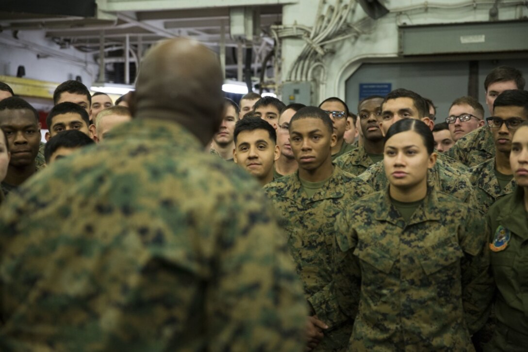 Sgt. Maj. Ronald L. Green, the 18th sergeant major of the Marine Corps, speaks with Marines and Sailors of the 31st Marine Expeditionary Unit aboard the USS Bonhomme Richard (LHD 6), in the Pacific Ocean, April 2, 2017. Green visited the ship to provide guidance regarding the future of the Marine Corps during the 31st MEU 17.1 Spring Patrol. As the Marine Corps’ only continuously forward deployed unit, the 31st MEU’s air-ground-logistics team provides a flexible force, ready to perform a wide range of military operations, from limited combat to humanitarian assistance operations, throughout the Asia-Pacific region. (U.S. Marine Corps photo by Gunnery Sergeant Ernest V. Hagewood) 