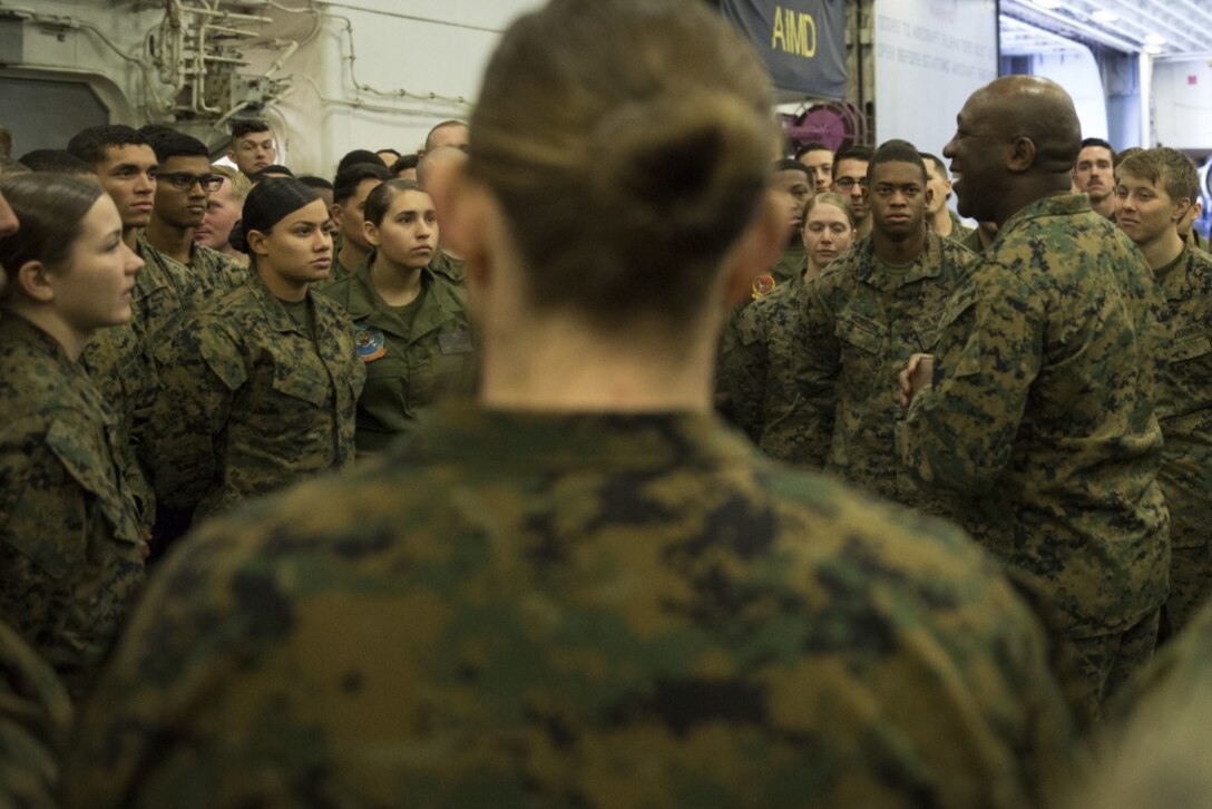 Sgt. Maj. Ronald L. Green, the 18th sergeant major of the Marine Corps, speaks with Marines and Sailors of the 31st Marine Expeditionary Unit aboard the USS Bonhomme Richard (LHD 6), in the Pacific Ocean, April 2, 2017. Green visited the ship to provide guidance regarding the future of the Marine Corps during the 31st MEU 17.1 Spring Patrol. As the Marine Corps’ only continuously forward deployed unit, the 31st MEU’s air-ground-logistics team provides a flexible force, ready to perform a wide range of military operations, from limited combat to humanitarian assistance operations, throughout the Asia-Pacific region. (U.S. Marine Corps photo by Gunnery Sergeant Ernest V. Hagewood)