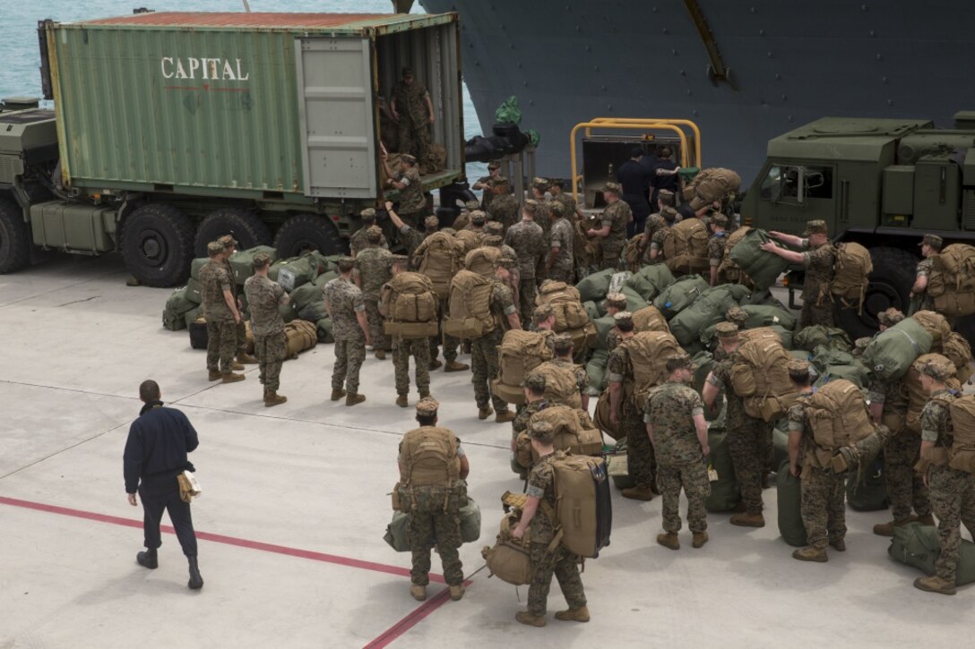 U.S. Marines disembark the USS Bonhomme Richard (LHD 6) after returning from their Spring Patrol of the Asia-Pacific region, April 6, 2017. As the Marine Corps’ only continuously forward deployed unit, the 31st Marine Expeditionary Unit is prepared to respond to a wide range of military operations, from humanitarian assistance missions to limited combat operations, at a moment’s notice. As a balanced air-ground-logistics team, the 31st MEU is ready to respond throughout the Asia-Pacific region. (U.S. Marine Corps photo by Gunnery Sergeant Ernest V. Hagewood)