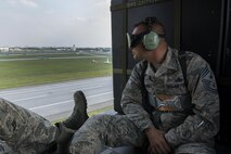 U.S. Air Force Chief Master Sgt. Michael Ditore, 18th Wing command chief, observes the flightline during a training exercise April 12, 2017, at Kadena Air Base, Japan. Ditore observed the execution of a flightline elephant walk displaying the aircraft of the 18th Wing. Because of the changing nature of warfare, Airmen of the 18th Wing can fight from anywhere, at any time, and exercises like this ensure they are ready to execute the mission.  (U.S. Air Force photo by Senior Airman John Linzmeier)