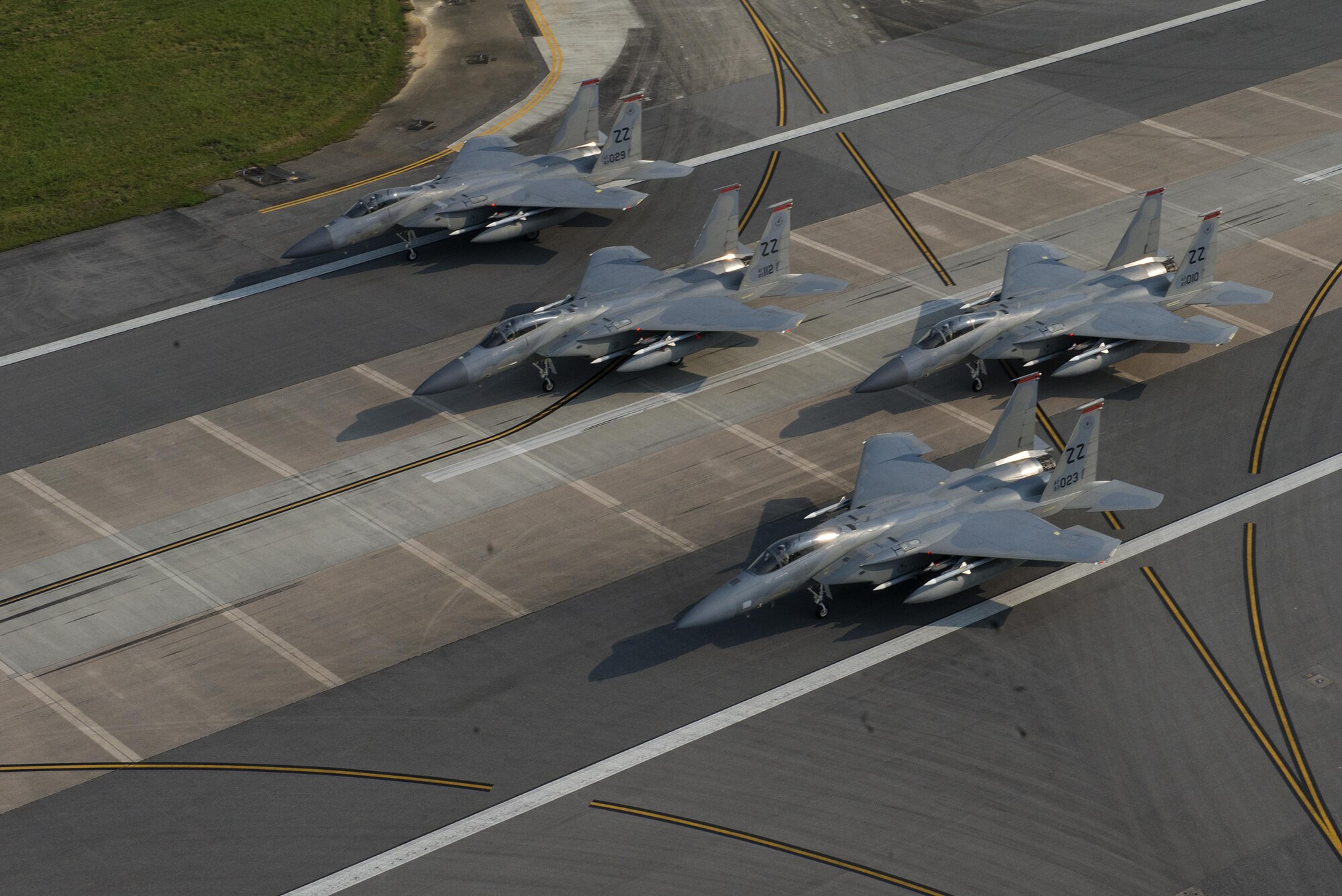 F-15 Eagles from the 67th Fighter Squadron perform an elephant walk during a no-notice readiness exercise April 12, 2017, at Kaden Air Base, Japan. Exercises like this keep members of Team Kadena ready for any situation and to demonstrate their capability to rapidly generate the Wing's full combat capability in the event of an attack on Okinawa or on allies throughout the Indo-Asia Pacific Theater. (U.S. Air Force photo by Senior Airman John Linzmeier)