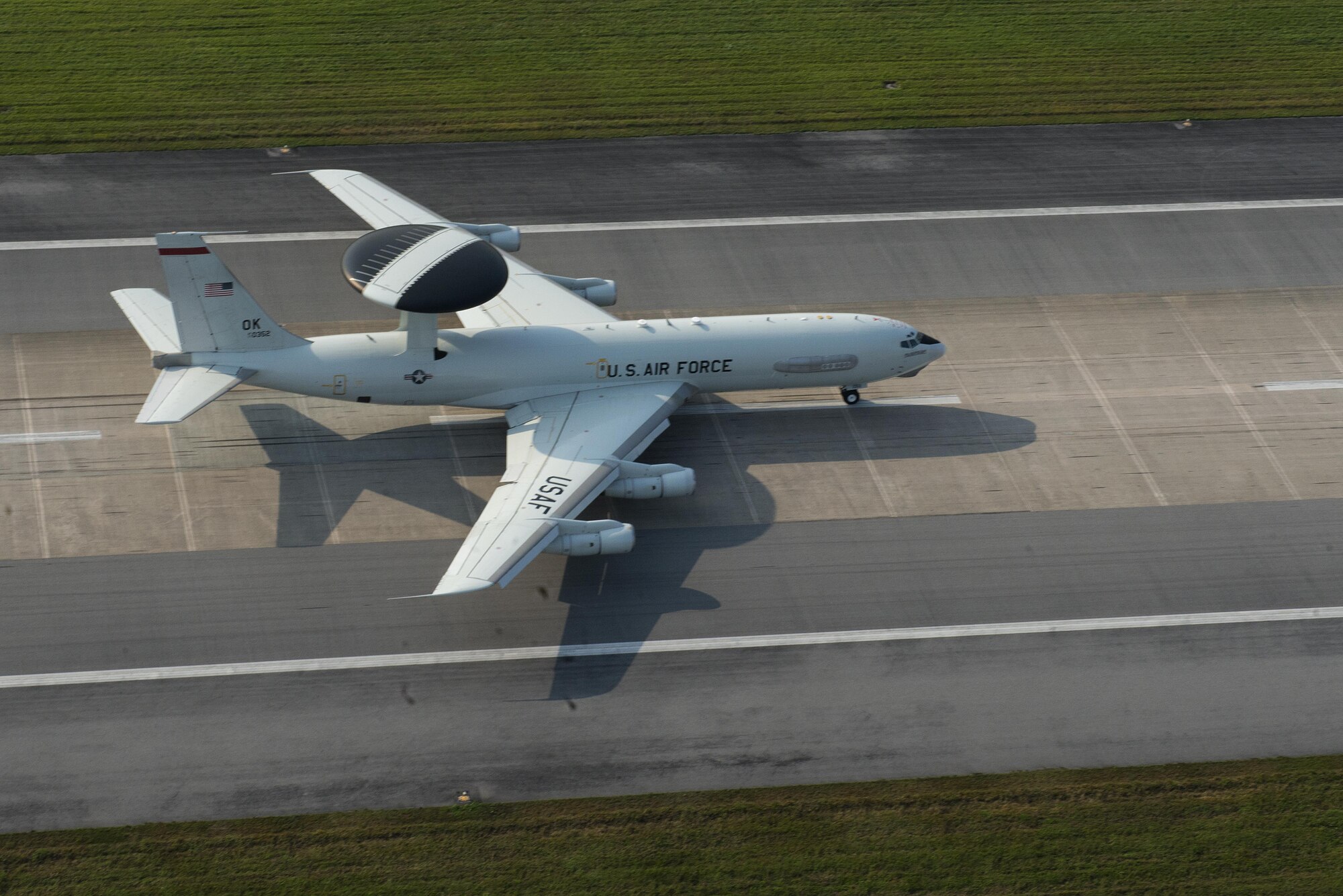 A 961st Airborne Air Control Squadron E-3 Sentry taxis down the runway during an elephant walk for a no-notice readiness exercise April 12, 2017, at Kadena Air Base, Japan. These training exercises ensure Airmen are ready to perform any operational task at a moment’s notice. The 18th Wing and its associate units are responsible for providing forward power projection with integrated, deployable combat power, to maintain peace and stability as the Pacific theater's premier joint platform for threat deterrence. (U.S. Air Force photo by Senior Airman John Linzmeier)