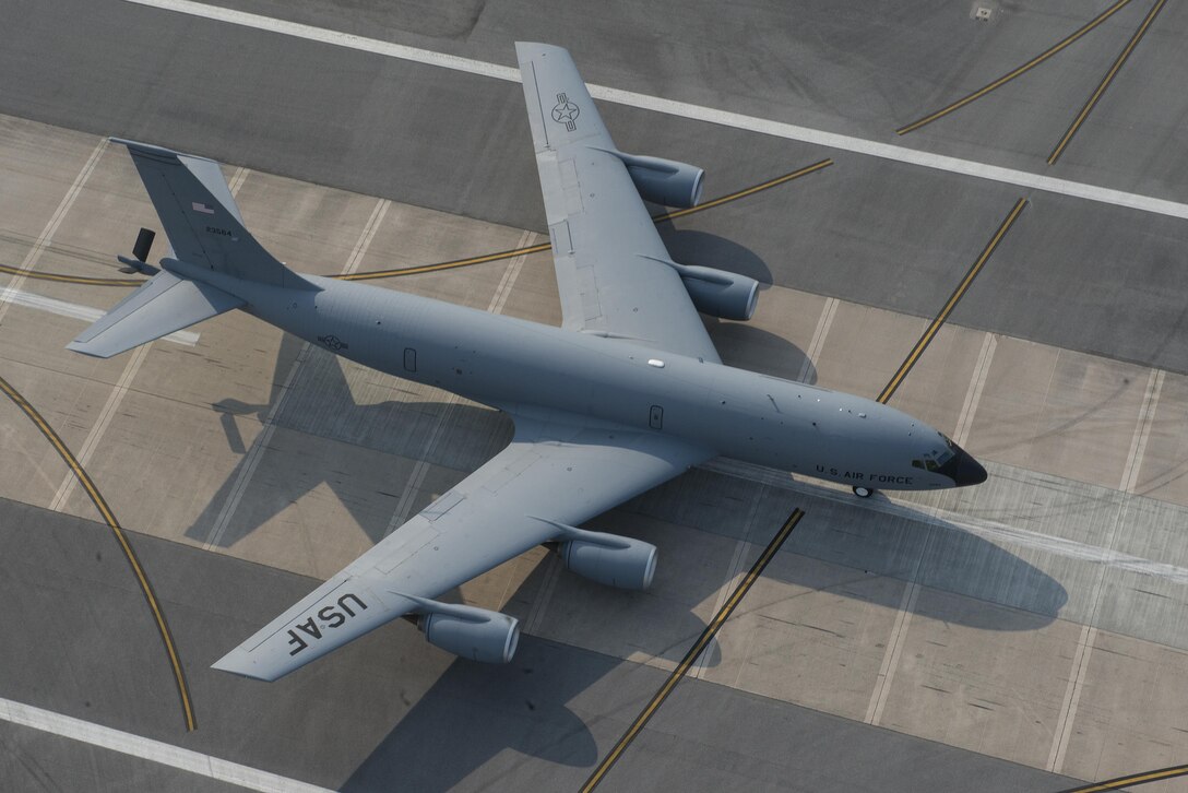 A 909th Air Refueling Squadron KC-135 Stratotanker joins an elephant walk during a no-notice readiness exercise April 12, 2017, at Kadena Air Base, Japan. Maintaining operational readiness is essential for the 18th Wing to be able to respond to any natural disaster or threat in the region. The 909th ARS enables joint and allied forces to extend air operations range and times on station, enhancing their ability to deter and respond to possible threats throughout the Pacific region. (U.S. Air Force photo by Senior Airman John Linzmeier)