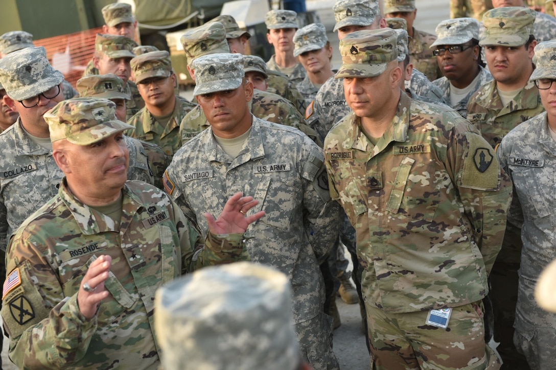 Brig. Gen. Alberto C. Rosende, commanding general for the 1st Mission Support Command, speaks with Beyond the Horizon Belize rotation Soldiers about the importance of the humanitarian exercise in building partnerships with other U.S. Military services and the country of Belize on April 5.