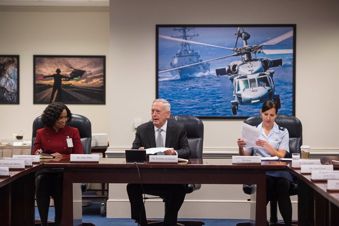 Defense Secretary Jim Mattis speaks with representatives of key military and veteran support organizations at the Pentagon,  April 12, 2017. Mattis was joined by Dana White, left, assistant to the secretary of defense for public affairs, and Air Force Lt. Col. Kristi Beckman, director of community and public outreach for the Office of the Assistant to the Secretary of Defense for Public Affairs. DoD photo by Air Force Tech. Sgt. Brigitte N. Brantley