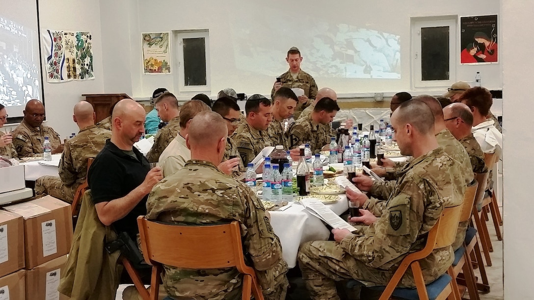 Service members observe the 2016 Passover holiday at Bagram Airfield, Afghanistan. DLA Troop Support provided 223 Seder kits, which contain matzah, a shank bone and other religious items, for Jewish service members who celebrate the eight-day festival of Passover.