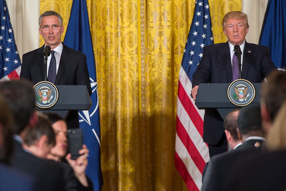President Donald J. Trump and NATO Secretary General Jens Stoltenberg hold a news conference following meetings at the White House, April 12, 2017. NATO photo

