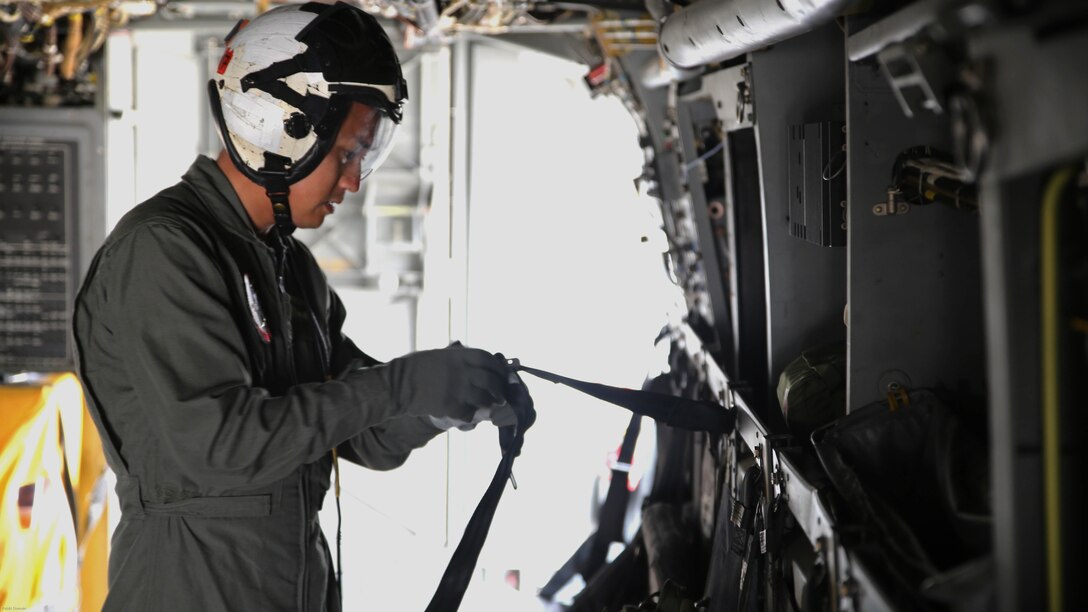 Sgt. 1st Class Midsru Miyazaki conducts pre-flight checks on the MV-22 Osprey before a flight aboard Marine Corps Air Station New River, N.C., April 7, 2017. Before every flight, it is the crew chief’s responsibility to check all safety and mechanical systems to ensure the safety of all the members on the flight. Miyazaki has been training to become the first Japanese MV-22 Osprey crew chief. VMMT-204 is assigned to Marine Aircraft Group 26, 2nd Marine Aircraft Wing. 