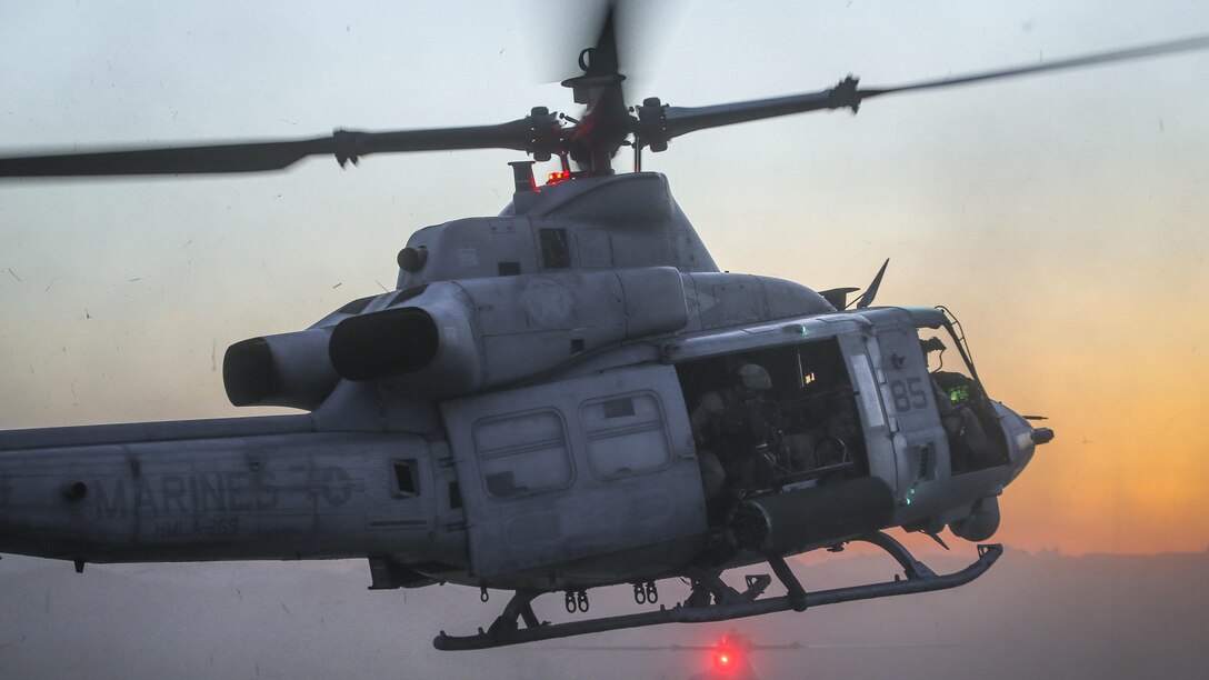 A U.S. Marine Corps UH-1Y Venoms assigned to Marine Aviation Weapons and Tactics Squadron One prepares to insert U.S. Marines with 2nd Battalion, 6th Marine Regiment during a heavy huey raid as part of Weapons and Tactics Instructor Course 2-17 at Yuma Proving Grounds, Ariz., April 12, 2017. The exercise was designed to focus on executing a company air assault raid supported by fixed wing and rotary wing escort, and simulated aviation delivered fires. WTI is a seven-week training event hosted by MAWTS-1 cadre, which emphasizes operational integration of the six functions of Marine Corps aviation in support of a Marine Air Ground Task Force and provides standardized advanced tactical training and certification of unit instructor qualifications to support Marine Aviation Training and Readiness and assists in developing and employing aviation weapons and tactics.